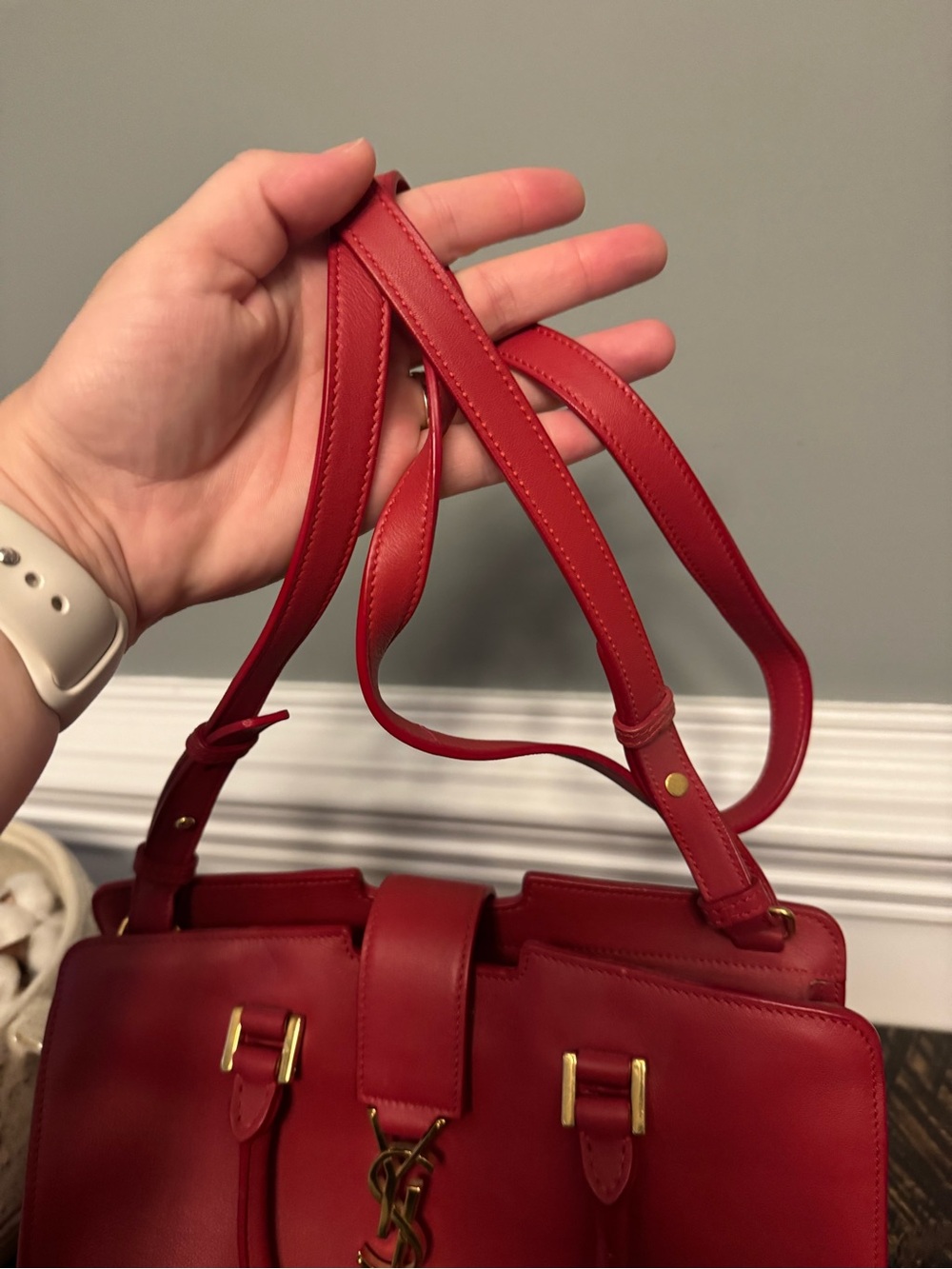 Saint Laurent Red Leather Top-Handle Satchel with Gold YSL Logo - Picture 3 of 9